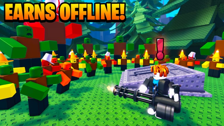 My Bunker Roblox player firing a minigun beside a bunker hatch while collectible bunkers fill the plot